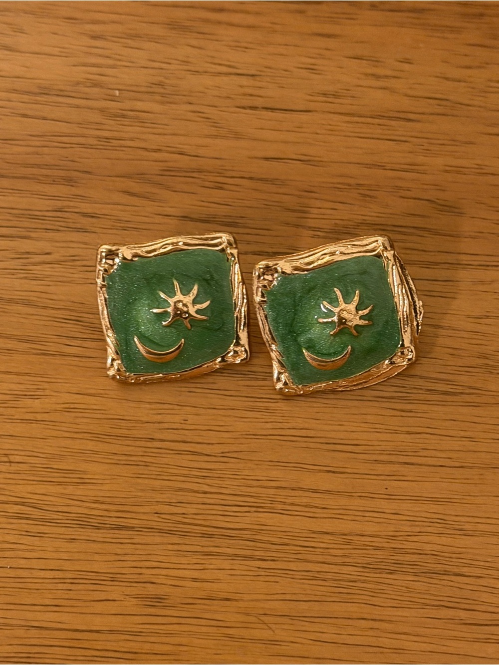 Gold-Trim Green Sun & Moon Square Earrings - Women Accessories